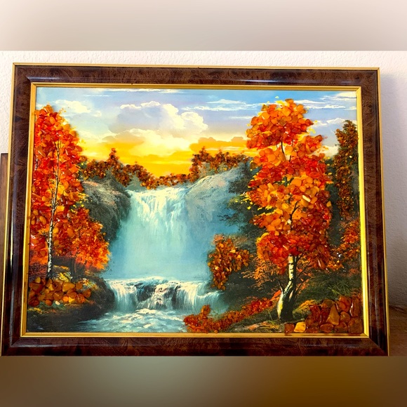Other - Painting: Amber Trees, Waterfall. 13x17in framed. Handmade in Latvia 🇱🇻